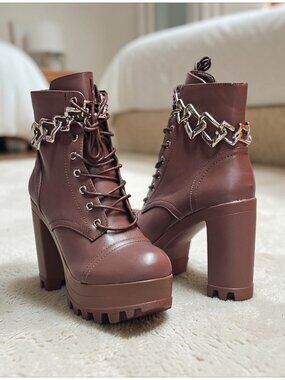 Mocha Platform Chunky-Heeled Lace-Up Ankle Boots With Chain Detail & Side Zipper